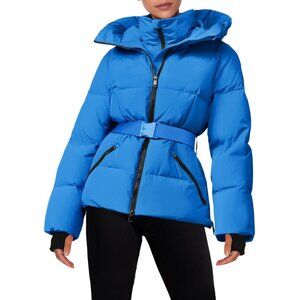 Women's Dark Blue Quilted Puffy Ski Jacket Belt Coat Hooded Mountain Snow